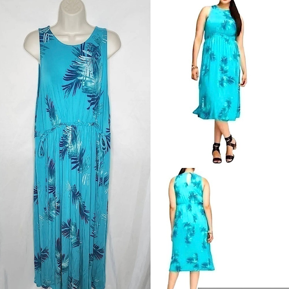Lane Bryant Teal Midi Dress Womens Palm Leaf Ruffled Tie Waist size 14/16